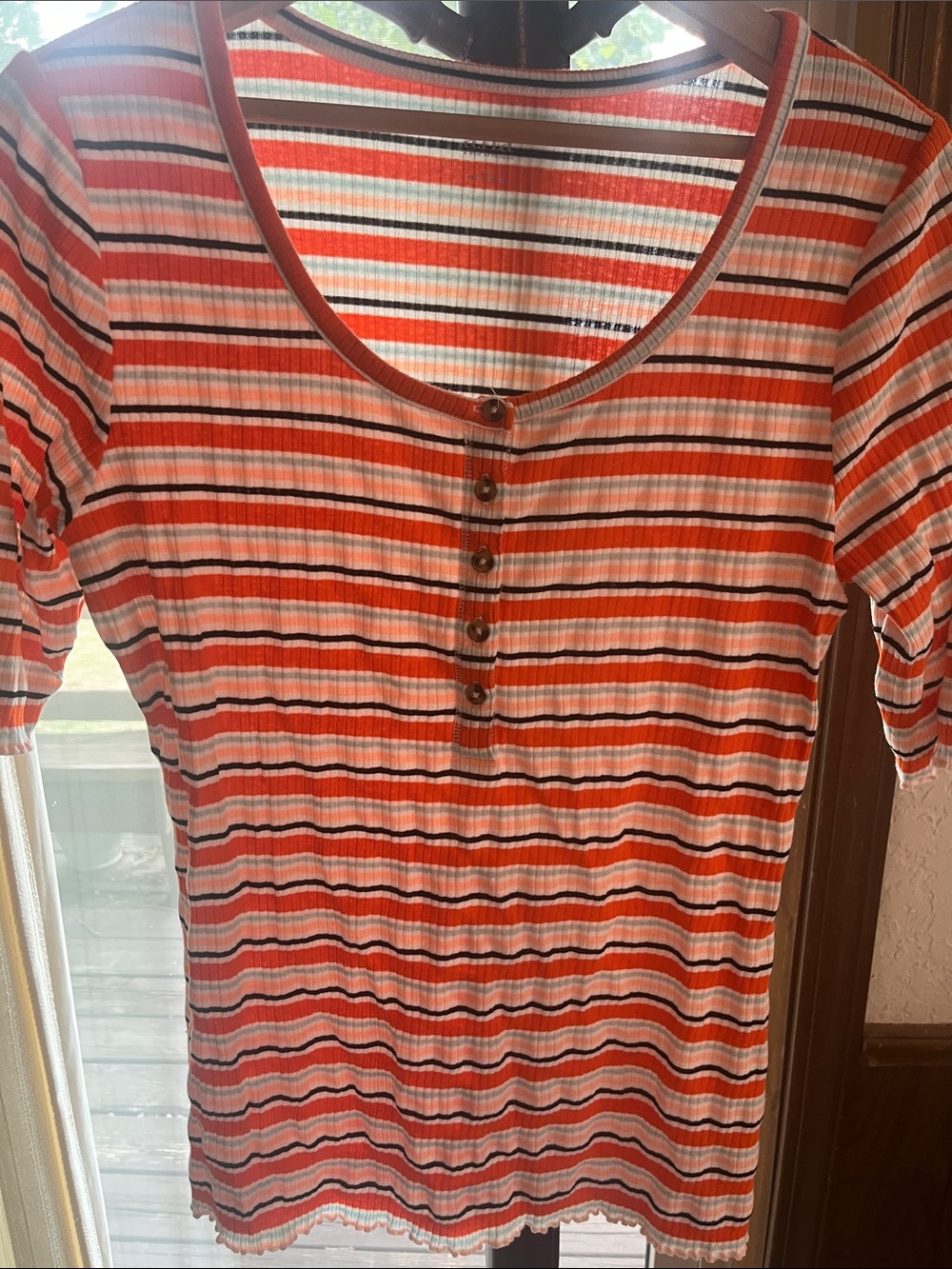 a.n.a Orange, White & Black Striped Ribbed Henley Tee